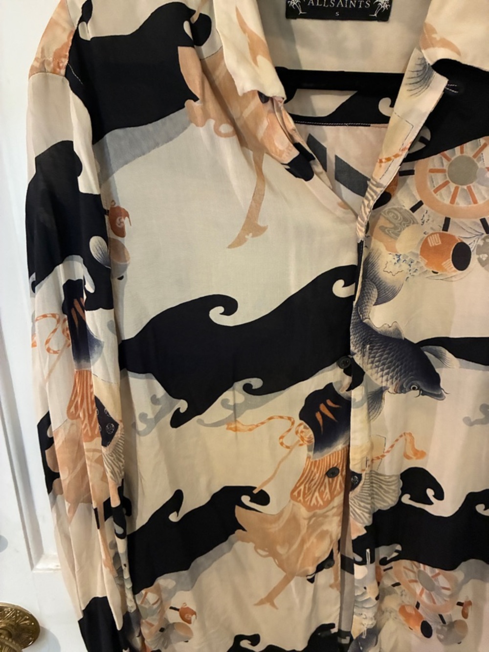 LIKE NEW AllSaints Button-Up Shirt in Cream, Black & Tan Print - Picture 4 of 6